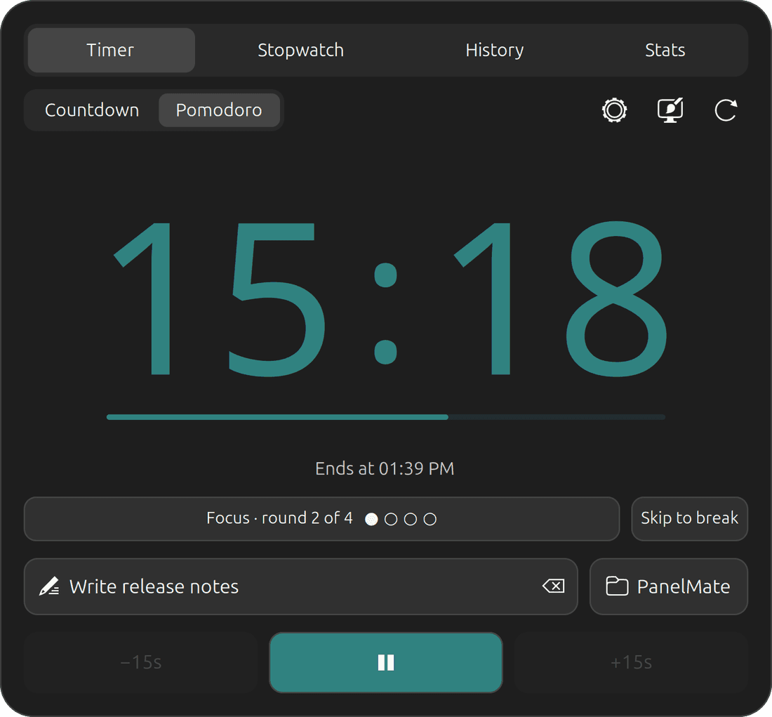 The PanelMate Pomodoro view