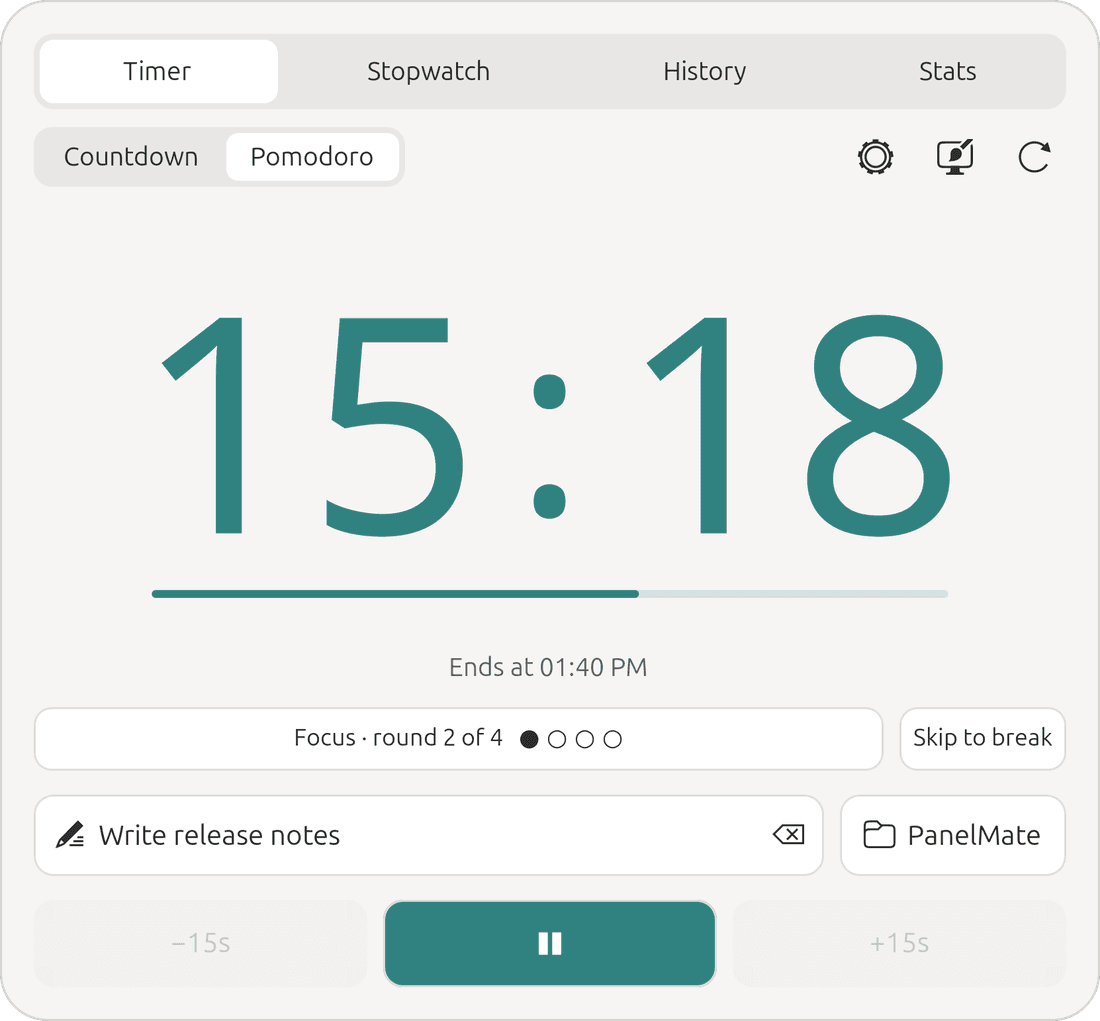 The PanelMate Pomodoro view