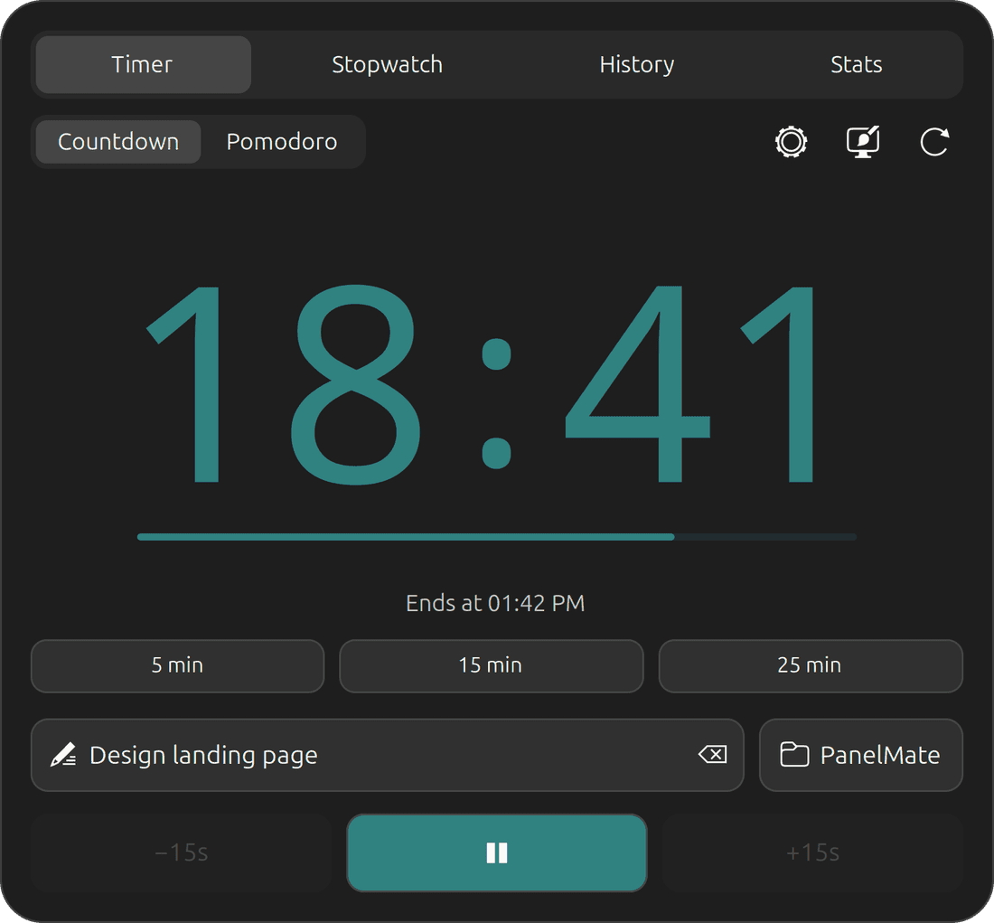 PanelMate open from the GNOME top bar on the Timer tab