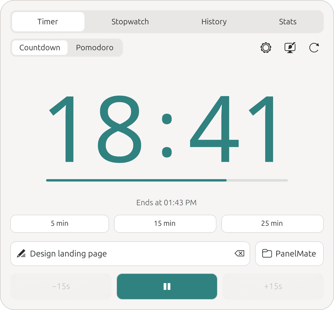 PanelMate open from the GNOME top bar on the Timer tab